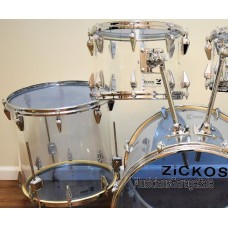 Zickos Drums : Vintage Zickos Drum Set : Zickos Model 400 Vintage Clear Acrylic Drum Set Made in USA 1976